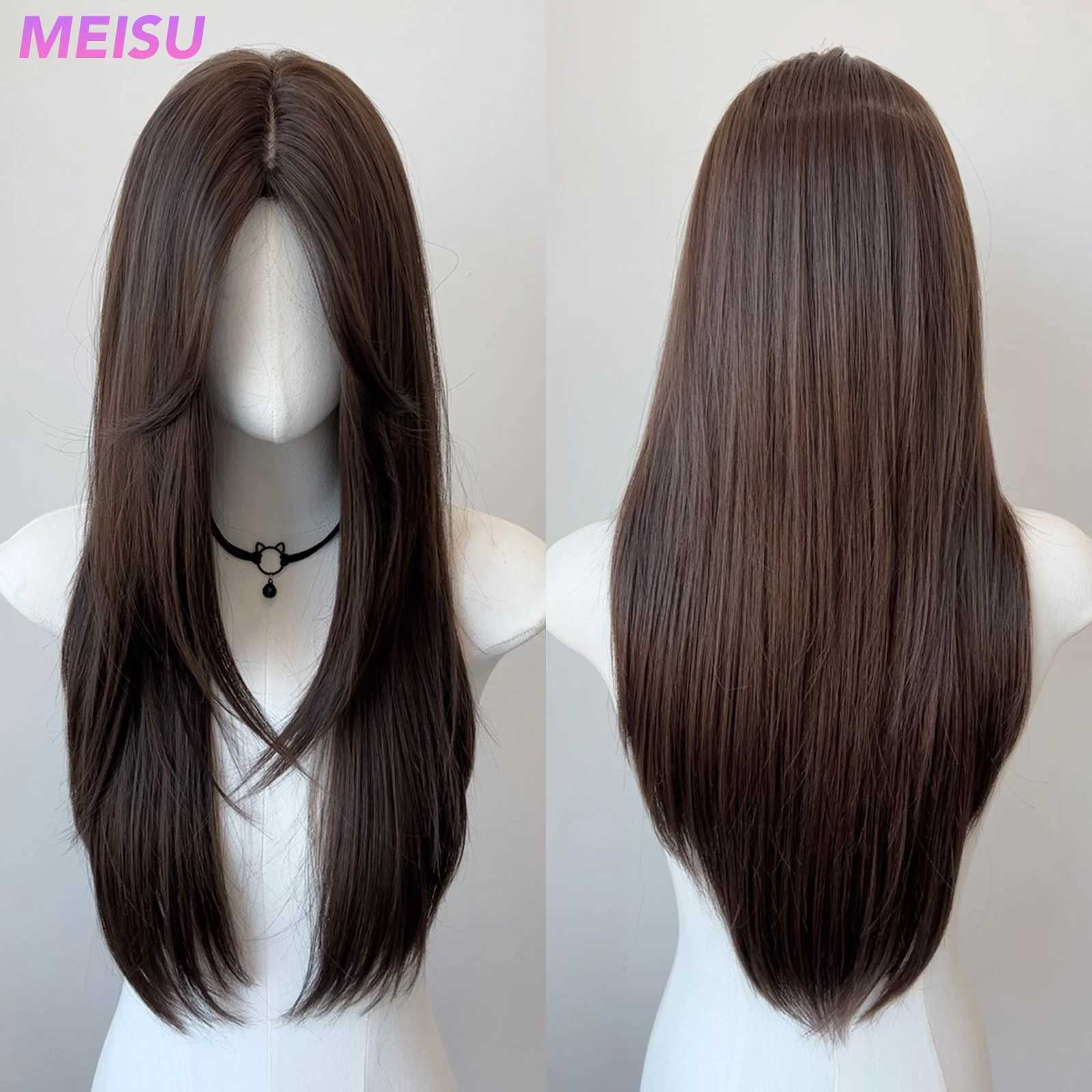MEISU 24-26 Zoll dunkelbraune gerade synthetische Perücke hitzebeständiges natürliches glattes Haar stilvolle Party-Pony-Perücken für Frauen C260626