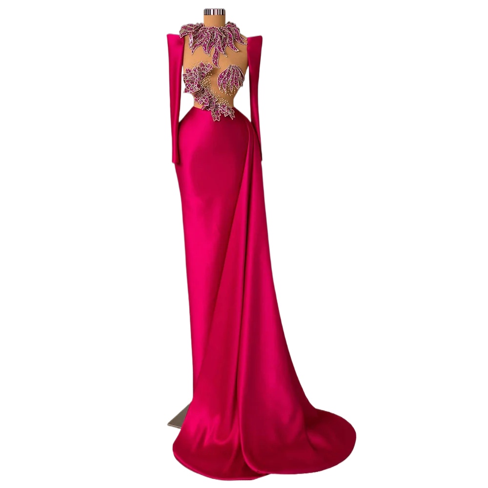 Fuchsia Evening Dresses Mermaid Long Sleeves Vestidos De Gala Crystals Gowns Night Gowns Masquerade Robe De Soiree Vestidos De Fiesta