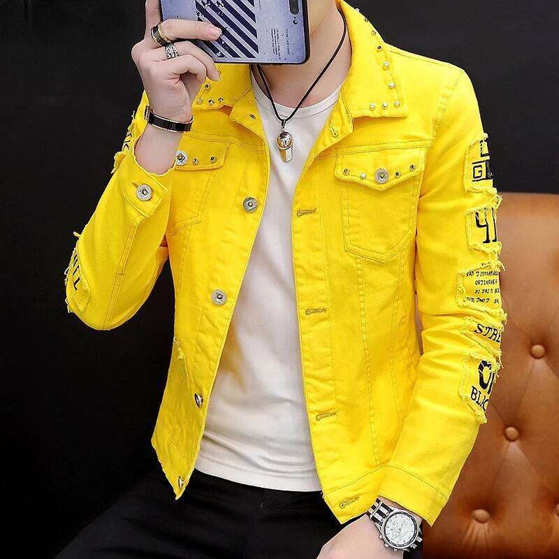 Mens Lapel Solid Rivet Denim korean fashion Casual Tight Coat Short Homme Varsity Jacket High-quality Men Clothing W260626