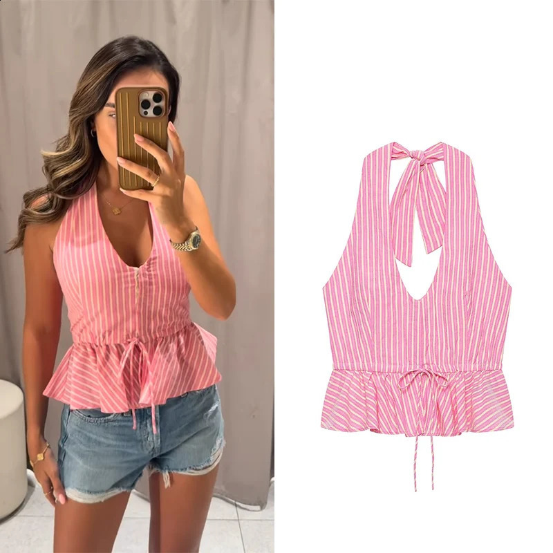 Womens Top Fashion Summer V-Neck Striped Halter Top Elegant Chic Vacation Style Ladies Top 260625