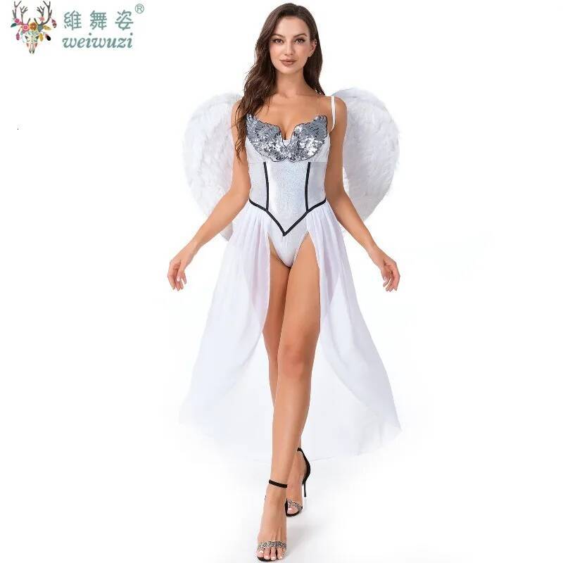 Halloween Costume Adult Female Sexy White Angle Fairy Dress Cosplay Angel Magic Wings Masquerade Stage Perfermance Fancy Outfit