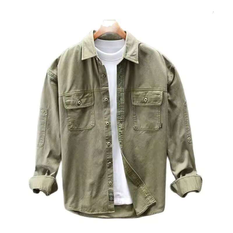 Winter Fall Fashion Men's Multi Pocket Patchwork Vintage Cargo Shirt Solid Color Long Sleeve 100% Cotton Loose Daily Tops Blouse W260626