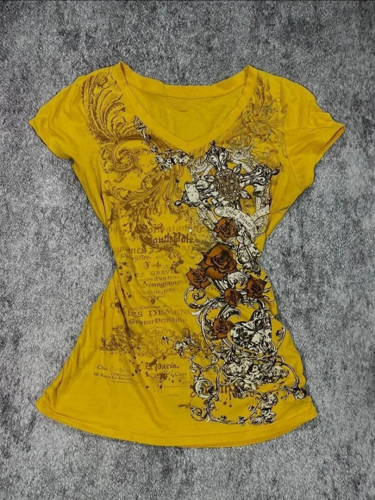 Women Vintage Letter Printing Graphic Tees Summer Harajuku Grunge Yellow Tops Y2k Aesthetic Casual Bodycon Streetwear T Shirts 260625