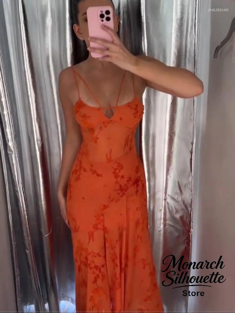 Casual Dresses Flowy Floral Sling Long Dress Women Back Straps Spaghetti Strap Semi-sheer Slim Fit Lady Beach Summer Festival Vestidos