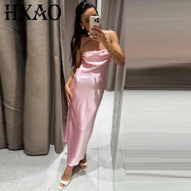 HXAO Satin Slip Dresses Womens Dress Summer 2026 Sexy Pink Sleeveless Backless Vestidos For Woman Elegant Evening Party 260625