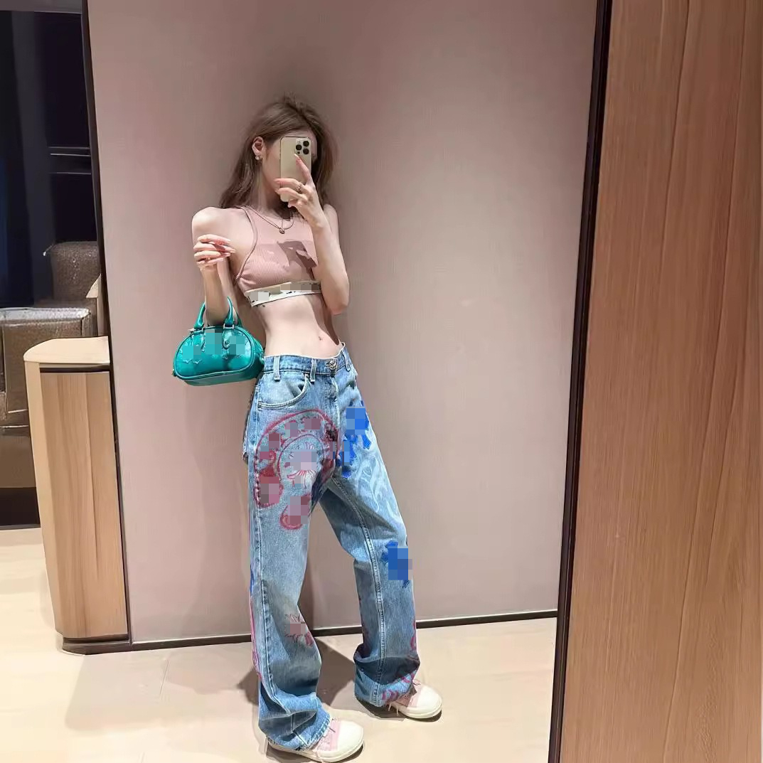 Cross-style Applique Printed Straight-leg Jeans for Women, A Niche American Vintage Casual Wide-leg Trousers