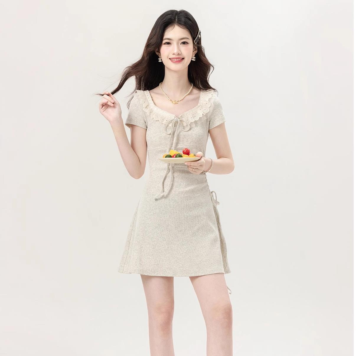 Q0466 French coffee break skirt design sense niche sense temperament waist thin lace square collar dress-image-1112360665