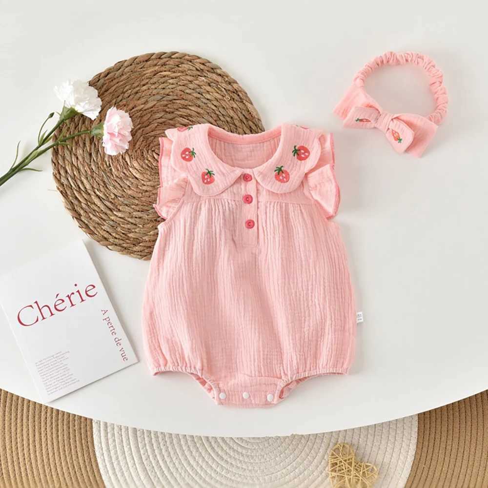 Baby Girl Cotton Gauze Bodysuit Sleeveless Summer Onesie with Strawberry Embroidery Newborn Outfit with Matching Headband Y260625H2V1