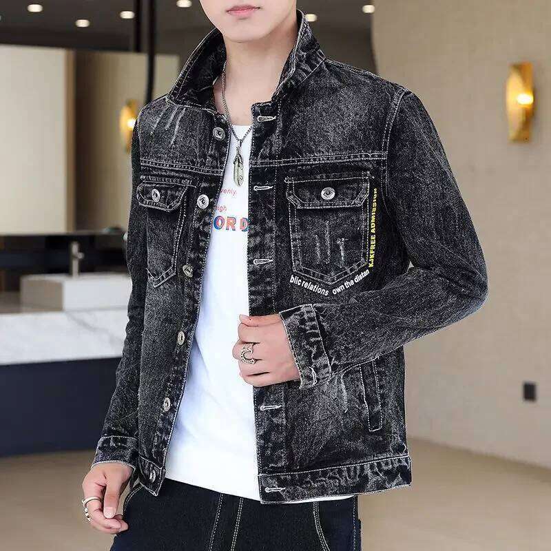 Men's Denim Jacket Punk Worn Male Jean Coats With Print Autumn Black Lxury G Casual Chic Elegant Cowboy Korea One Piece Fashion W260626