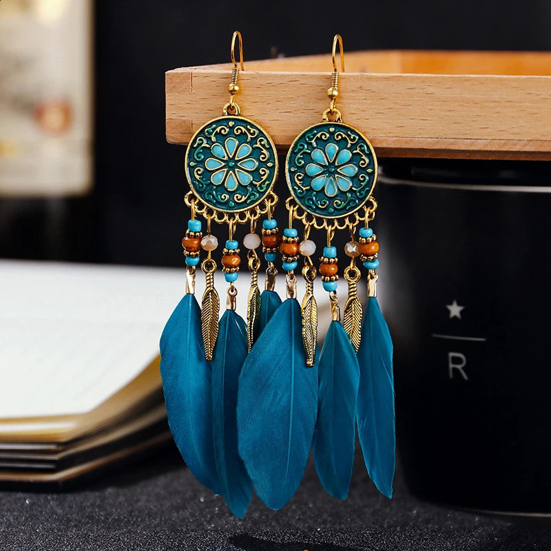 Boho Long Feather Dangle Womens Earrings Beach Long Tassel Beads Handmade Flower Enamel Earrings Bride Wedding Pendientes Mujer 260625