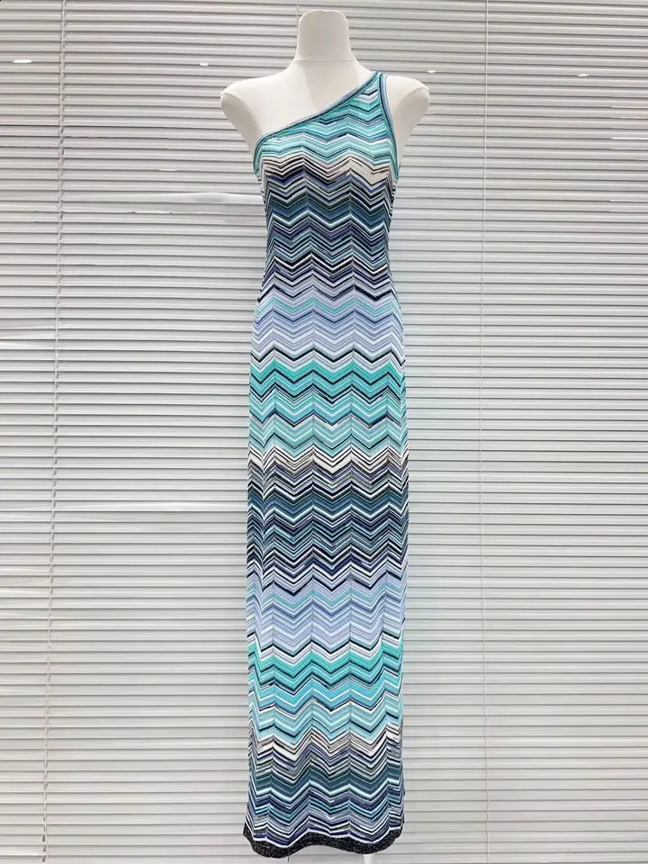 Diagonal Collar Women Blue Knitted Maxi Dress Summer Zigzag Striped Sleeveless High Waist Holiday Slim Robe 260625