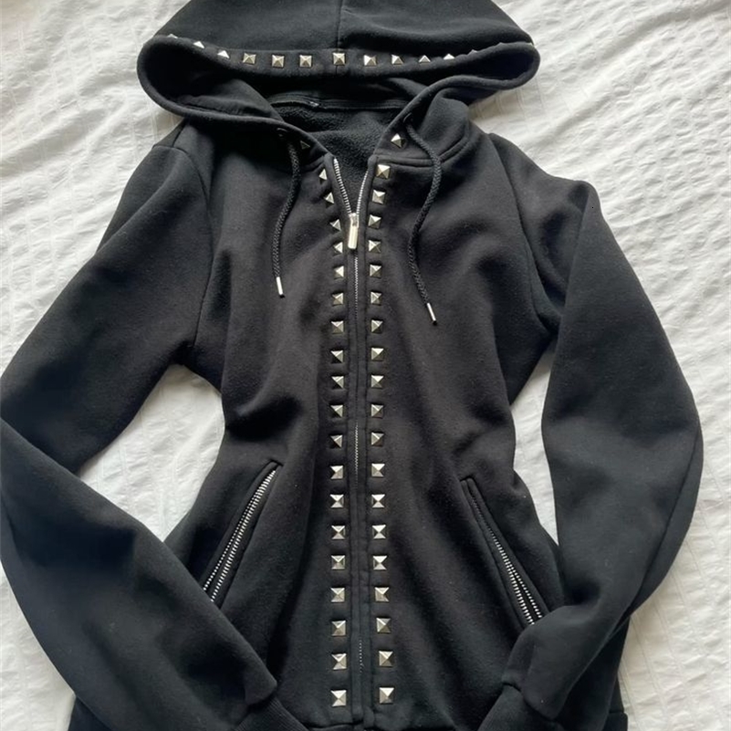Y2K Emo Fashion Rivet Zipper Hoodie Women Harajuku Black Oversized Hoodie Gothic Retro Classic Sweatshirt Autumn Clothing 260625