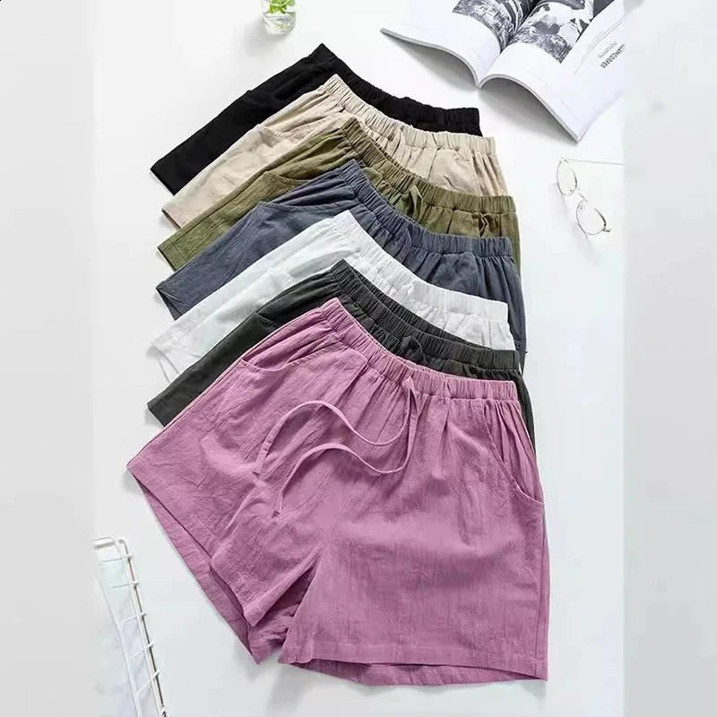 Women Cotton Linen Shorts 2026 Summer High Waist Casual Sports Female Solid Color Pocket Loose Beach Short Pants 260624