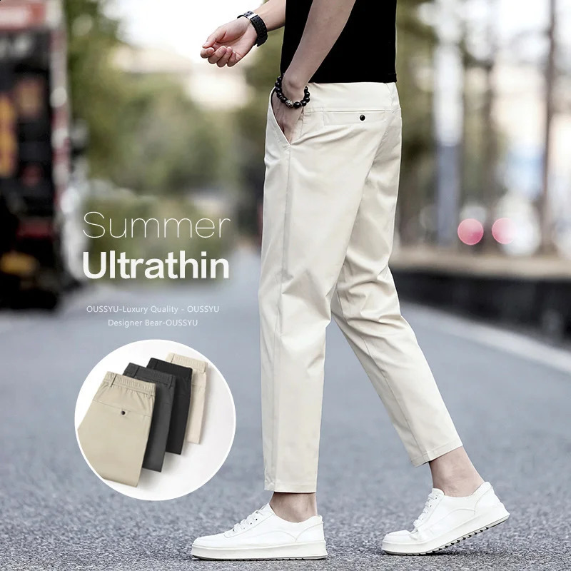 Summer Thin Mens Slim Ankle Length Casual Pants Business Elastic Waist Breathable Simple Casual Suit Trousers Man Korea 260625
