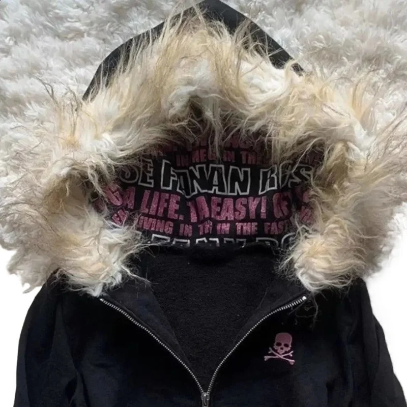 High street retro women hooded winter item Harajuku multifunctional long sleeved wool warm zipper Gothic Y2K long sleeved 260625