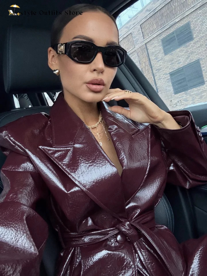 Vintage Pu Leather Belted Jackets Womens Slim Full Sleeve Lapel Short Overcoat Autumn Winter Ladies Solid Streetwear 260625