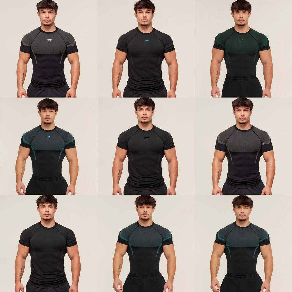 GYM Men's T-shirt sports Tees fitness quick-drying breathable stretchy round-neck short-sleeved gym clothes tight-fitting training wear jogging