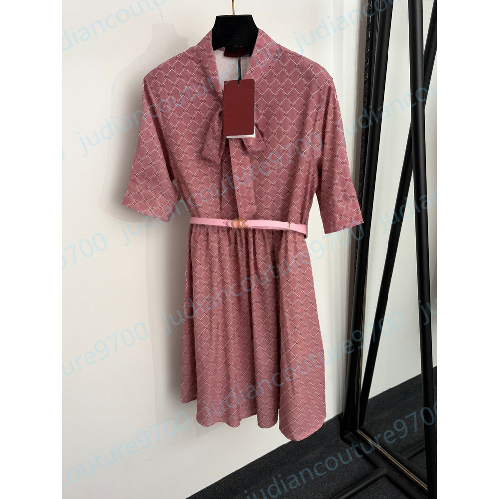 Summer Double G Dress for woman designer Bow Collar Short sleeves Dress Monogram Print Brand logo Buckle Leather Belt Elegant New High quality Fashi