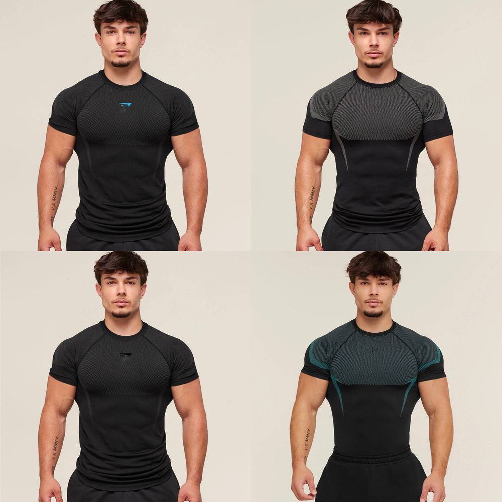 GYM Men's T-shirt sports Tees fitness quick-drying breathable stretchy round-neck short-sleeved gym clothes tight-fitting training wear jogging