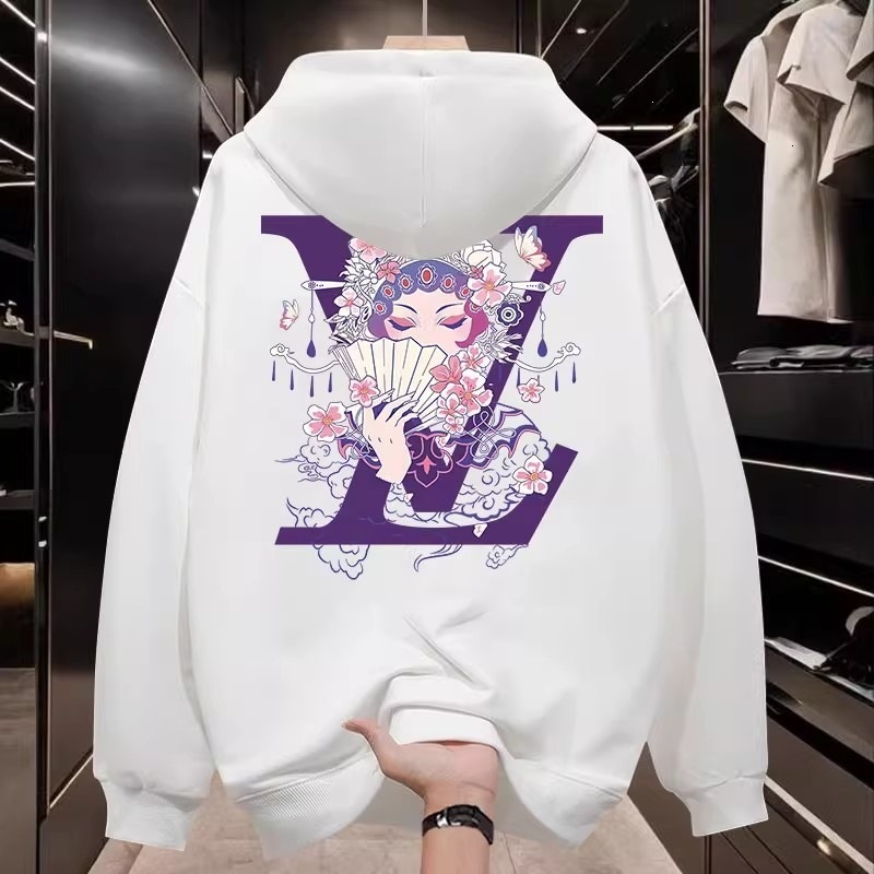 Mens Loose Hooded Sweatshirt Lightweight Fabric Chinese Opera Figure Print Oversized Fit Black White Two Colors Trendy Spring Autumn Daily Hoodie