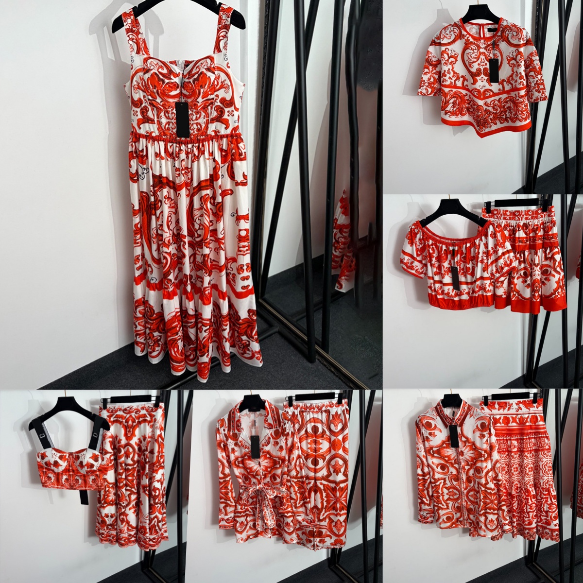Women Red Print Shirts Set Brand Sexy Pleated Skirts Set Summer Wedding Party Vacation Dress Lady Midi Skirts Set