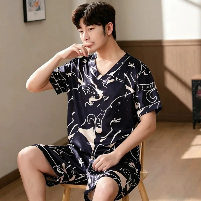 Men Summer Fashion Print Pajamas Set Plus Size VNeck Short Sleeve Shorts Mens Sleepwear Casual Cool Homewear for 2026 260623