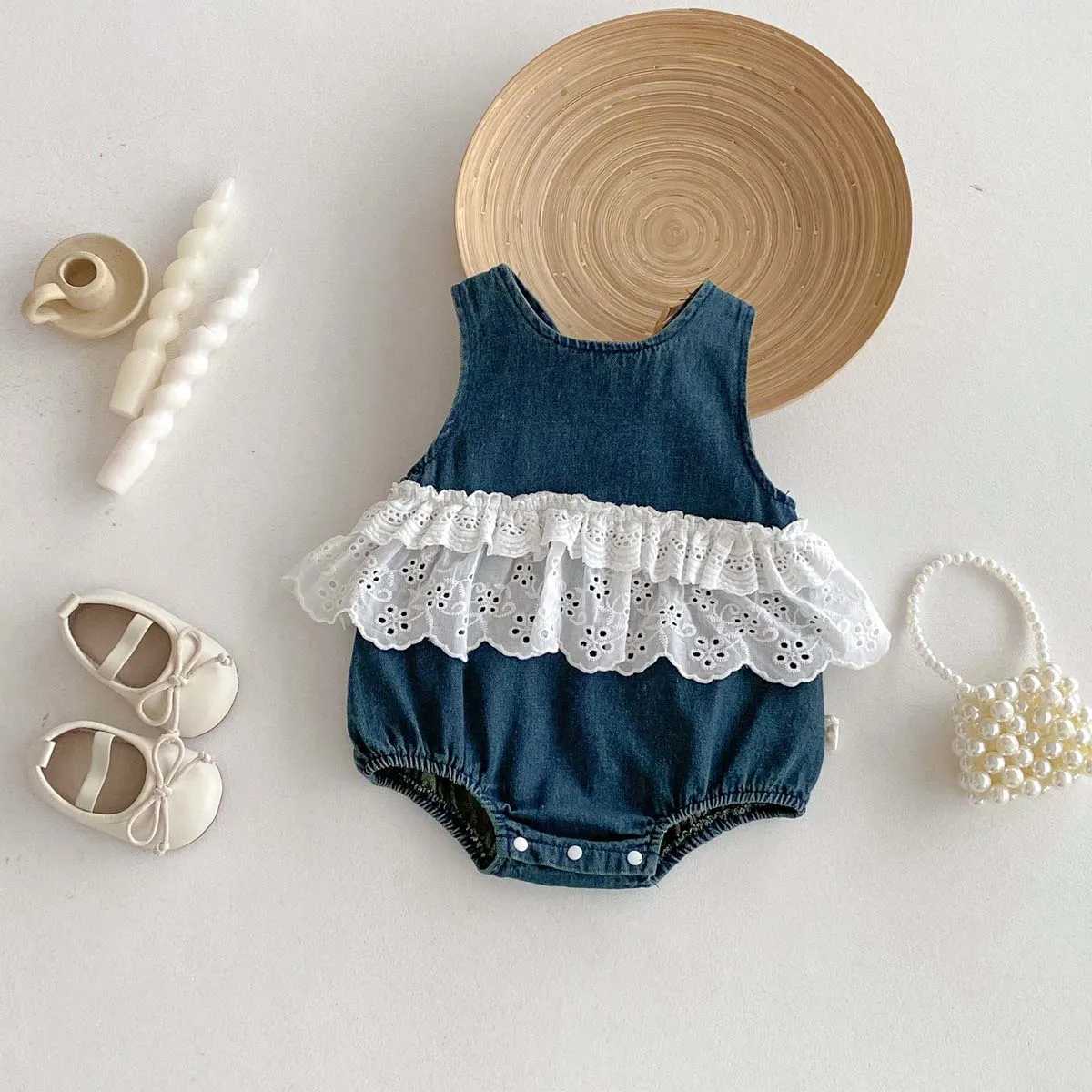 Korean-style summer baby girl Denim sleeveless lace jumpsuit baby girl sweet lace jumpsuit very suitable for going out to wear Y260625TJ1N
