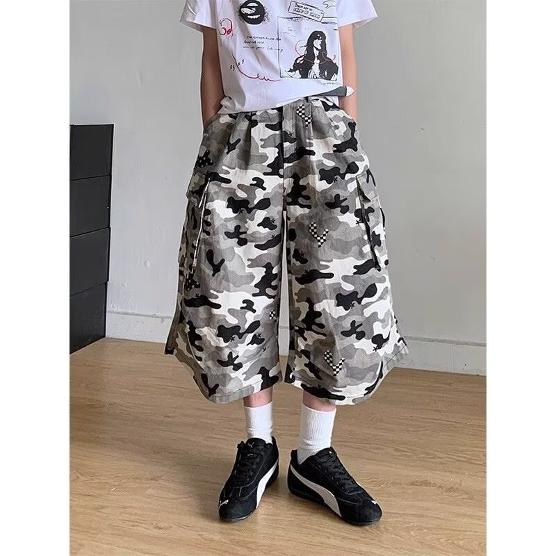 Cross-Border Best-Selling American Retro High Street Camouflage Wide-Leg Cropped Pants For Men And Women, Loose Multi-Pocket Cargo Shorts Trendy