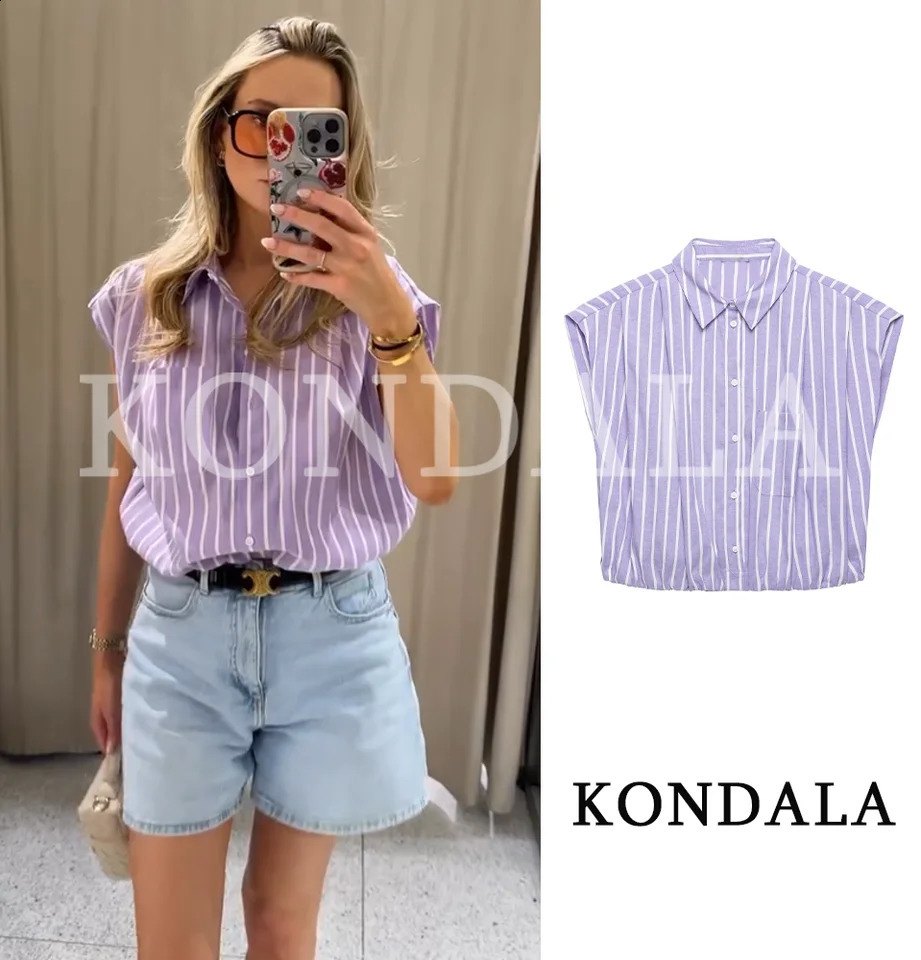KONDALA Women Trendy Summer Striped Sleeveless Shirt Vest Commute Casual High Street Vest Fashion Female Elegant Chic Tops 260625