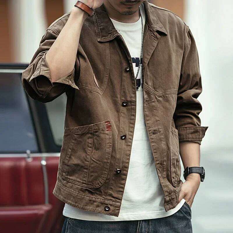 Button Jeans Coat for Men Black Cargo with Embroidery Denim Jackets Man Brown Splicing Winter Outerwear on Board Rock Oversize G W260626