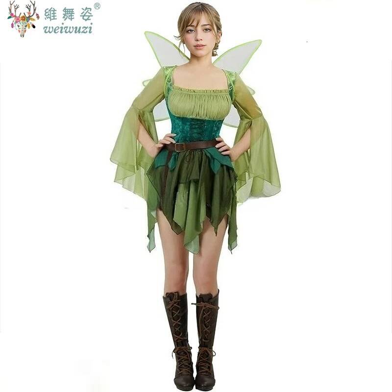 Women's Medieval Green Fairy Magical Dress and Belt with Wings Halloween Cosplay Costumes Elf Role-playing Costume