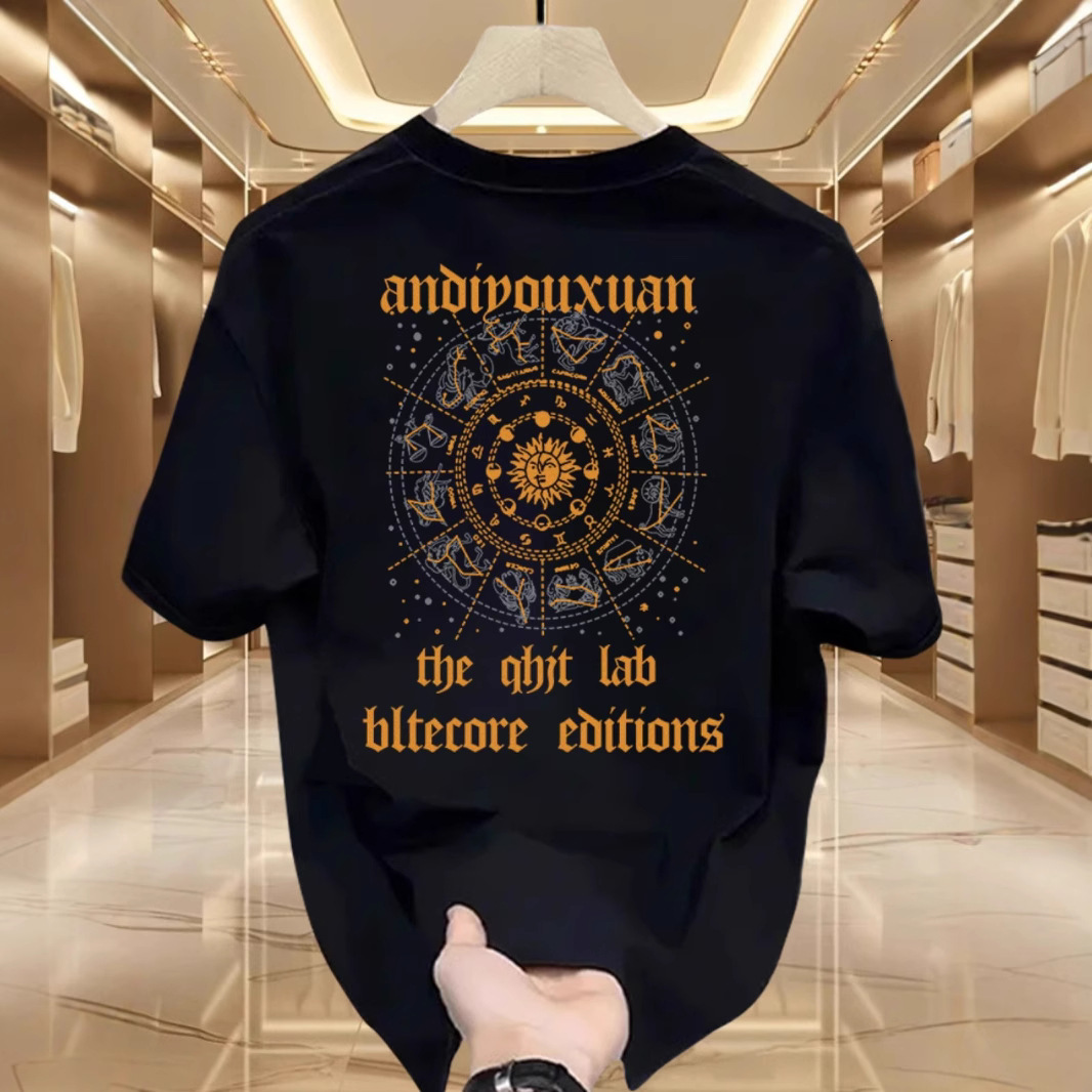 Men 2026 American Heavyweight Pure Cotton Printed Men's Short Sleeve T-Shirt New Summer Trendy Casual Crew Neck