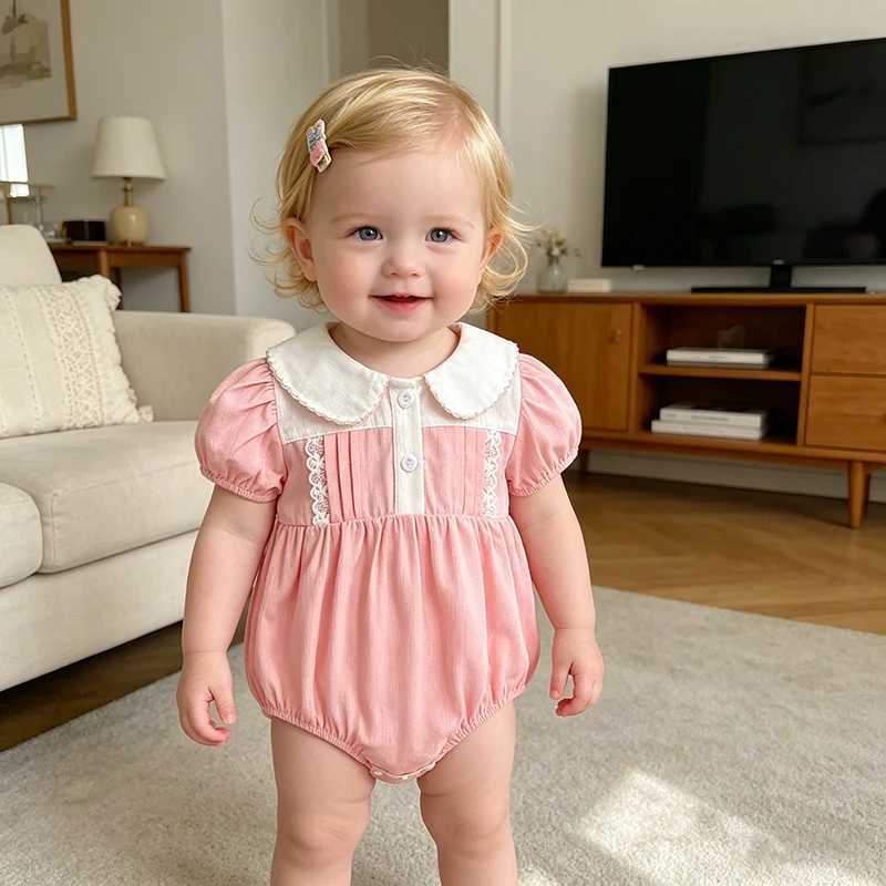 New 0-24M Baby Girls Round Neck Jumpsuit Summer Korean Version Pink Short Sleeved Bodysuit Party Lace Sweet Romper Y2606251B4F