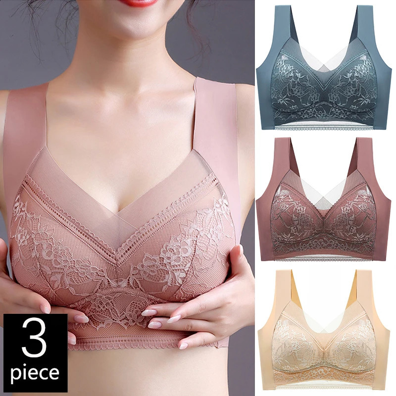 FallSweet 3PCS Lace Push Up Bras for Women Sexy Wireless Bra Ice Silk Deep V Bralette Tops Female Lingerie Moms Underwear L5XL 260626