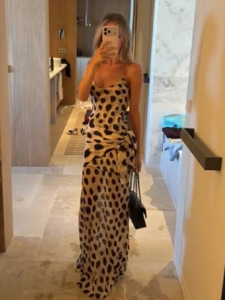 Sexy Polka Dot Print Sling Maxi Dress Women Fashion V-neck Spaghetti Strap Sleeveless Backless Dresses Summer Lady Vacation Robe 260625