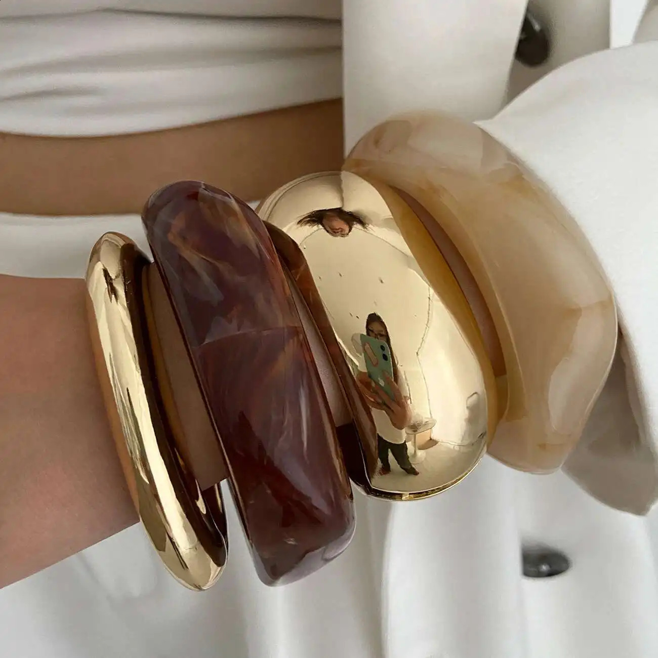 IngeSightZ 3 Styles Vintage Irregular Resin Bangle Bracelets Women Punk Geometric Wide Metal Bracelet Chunky Party Jewelry Gift260624