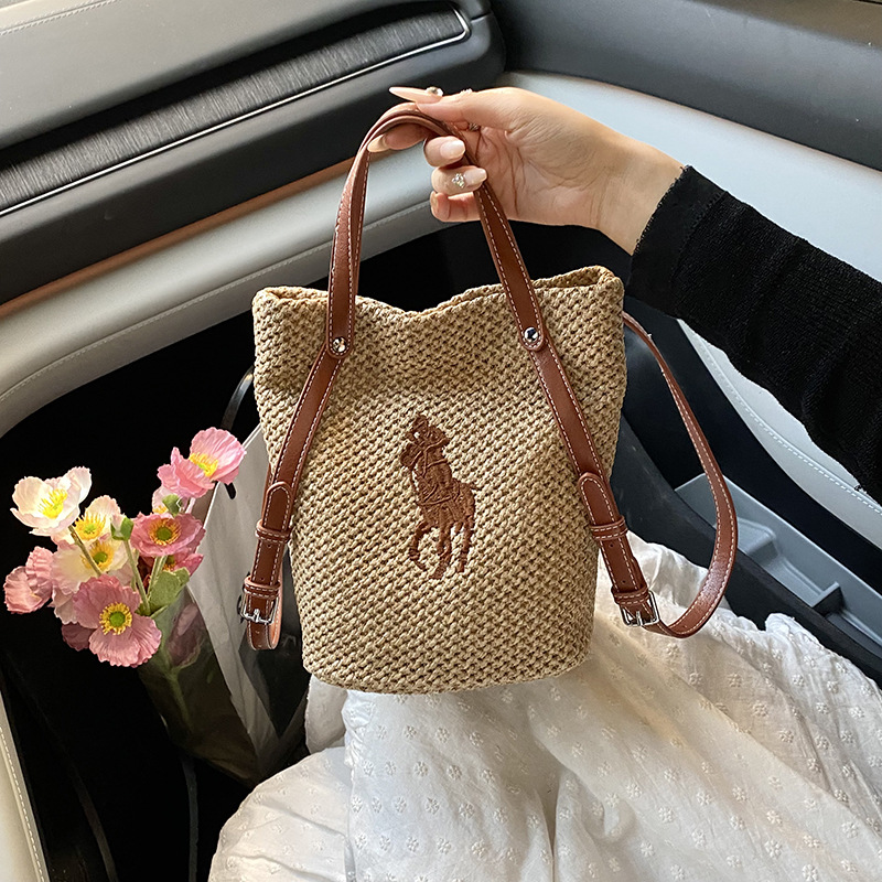 Designer Bag 2026 Summer New Women's Embroidered Straw Bucket Bag, Large Capacity Woven Shoulder Underarm Top Handle Beach Tote