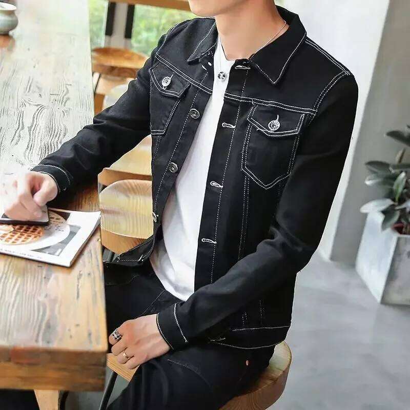 Male Jean Coats Black Button Men's Denim Jacket Short Casual Slim Low Price One Piece Worn New in Clothing Big Size L Original G W260626