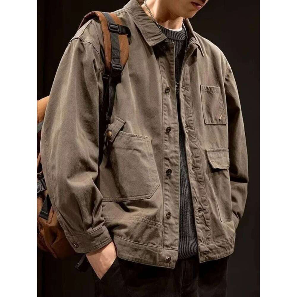 Retro Workwear Style Men's Cotton Denim Jacket Spring Autumn Casual Fashionable Hunting Coat with Multiple Pockets for Youth W260626