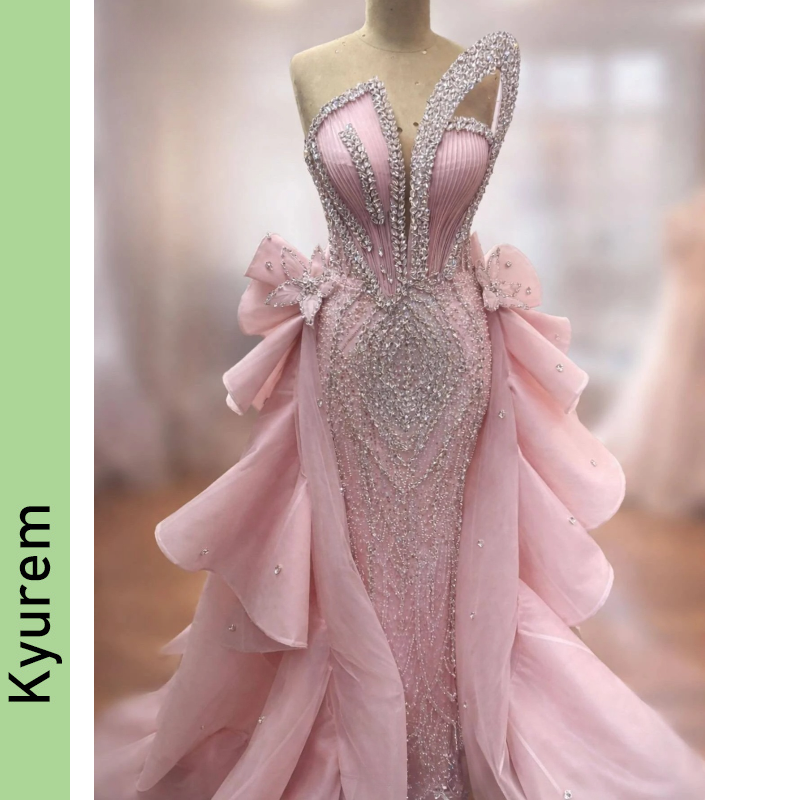 Pink Evening Dresses with Detachable Train Crystals Fairy Dresses Mermaid Vestidos De Gala Robe De Soiree Night Gowns Masquerade