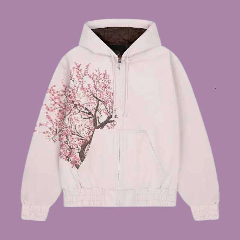 American New Trend Retro Cherry Blossom Embroidery Oversize Zipper Hoodie Men's Y2K Harajuku Hip-Hop Gothic Couple Sweatshirt W260626