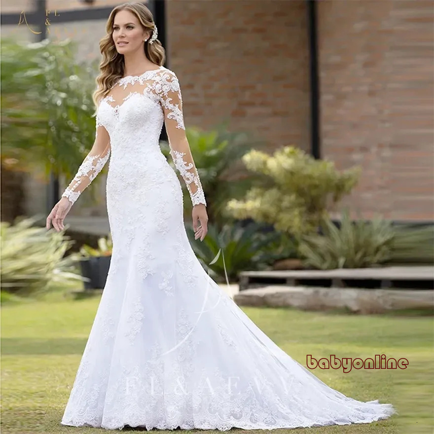 Elegant Long Sleeve Lace Wedding Dresses With Court Train Appliques Mermaid Bridal Gown Vestido Festa De Casamento Customized Da1012