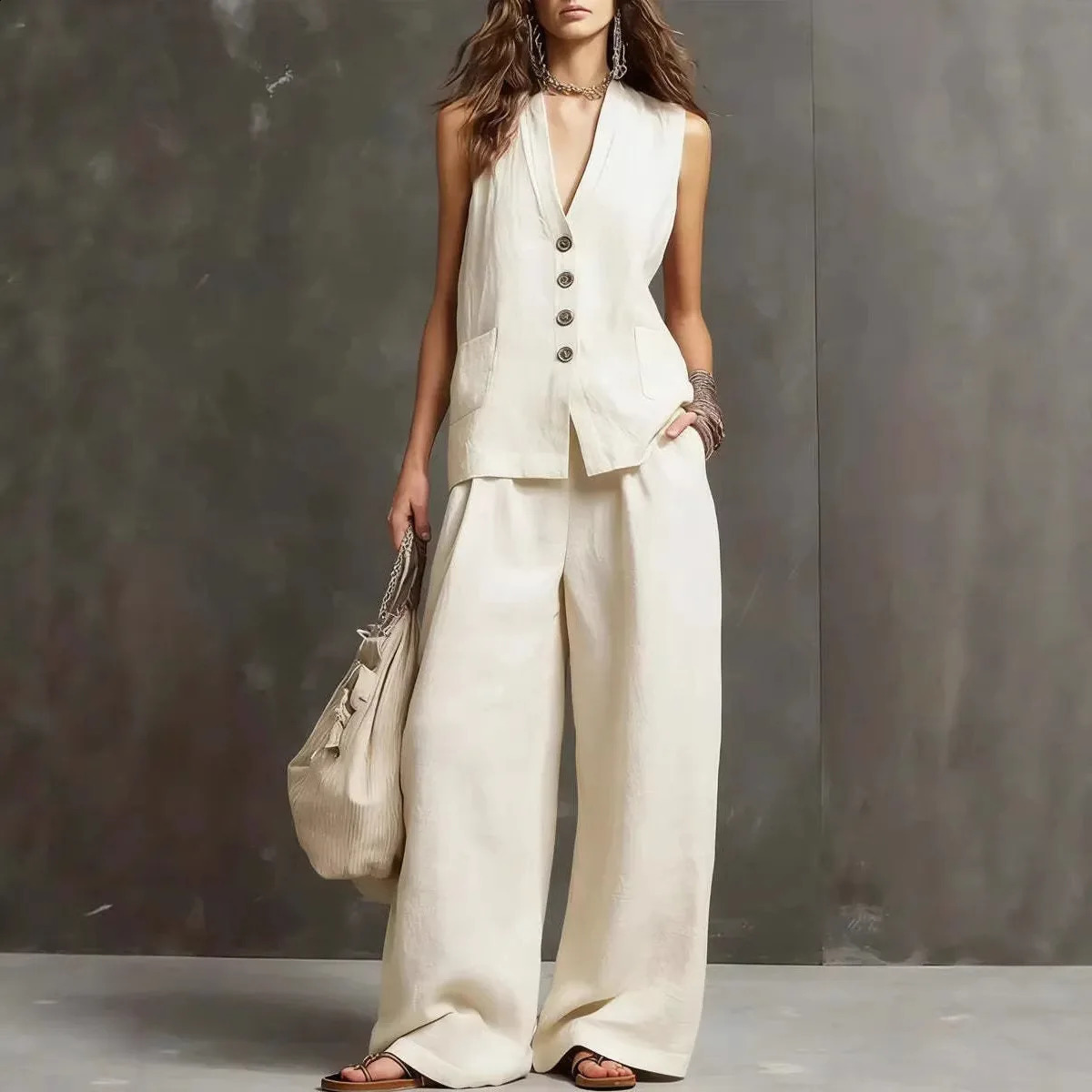 Womens Sleeveless Tank Top And Wide Leg Pants Cotton Linen Two Piece Set Comfortable Casual Outfit for Summer Season 260623