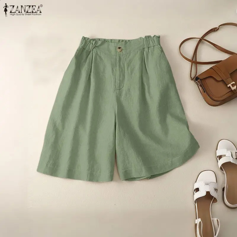 ZANZEA 2026 Summer Womens Cotton Linen Shorts Elastic Waist Zipper Solid Color Short Pants Casual Breathable Lightweight Bottom 260624