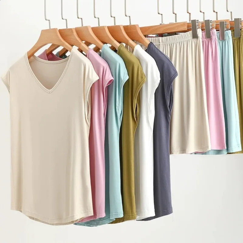 Womens Solid Color Pajamas Set 2026 Summer Thin Short Sleeve TShirt Shorts Sleepwear 2 Piece Casual Breathe Soft Home Wear 260625