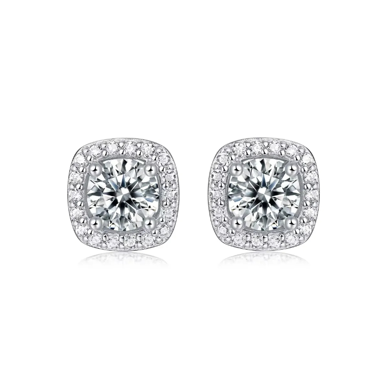 Wholesale custom-made fine jewellery: 925 sterling silver diamond earrings for women - square halo design, 1.0ct round-cut D VVS moissanite studs