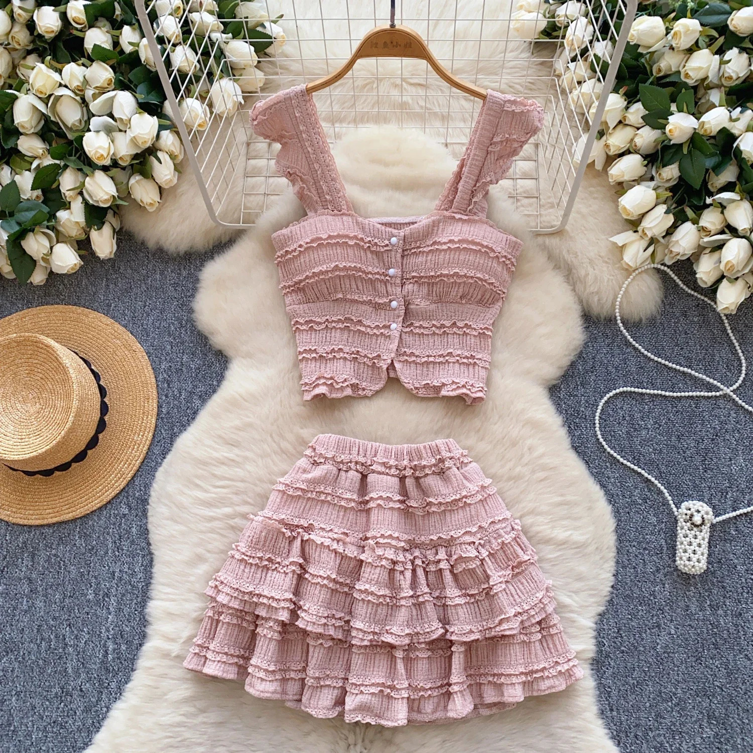 Costumi da spiaggia estivi dolci abiti da donna senza spalline fungo dell'albero commestibile top chicvita elastica minigonna set casual per le vaca