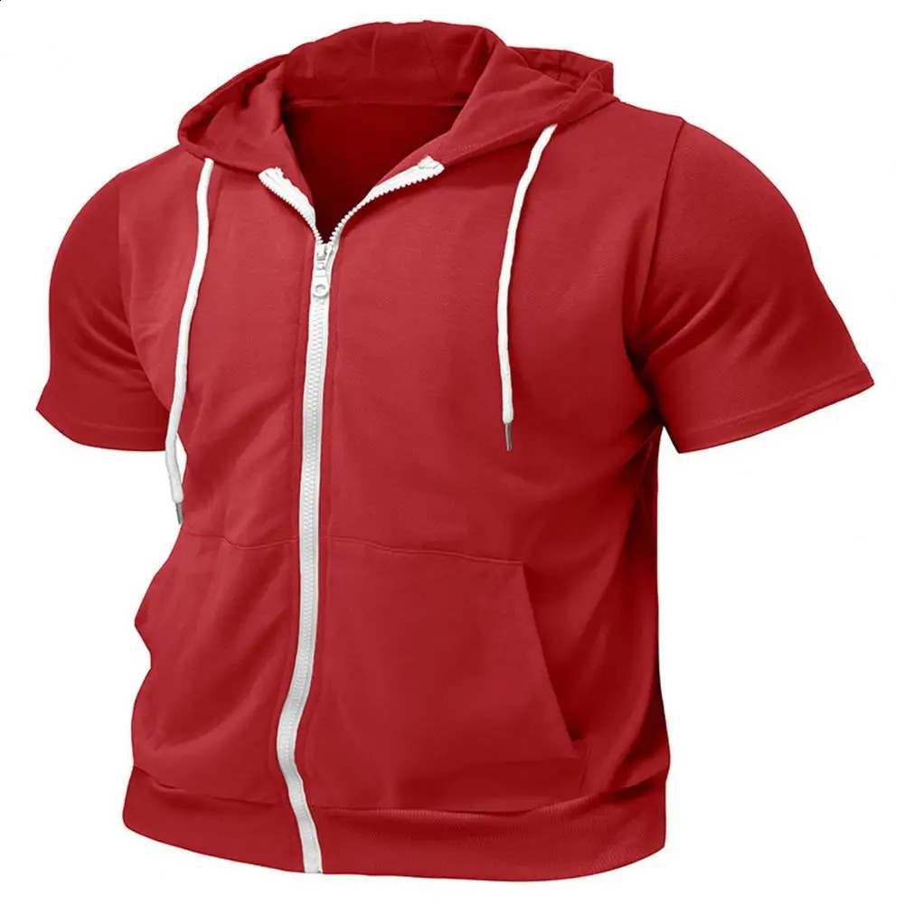 Mens Zip-up Hooded T-Shirt Summer Short Sleeve Hoodie Tee Solid Color Zipper Tee Shirt with Pockets for Sports Street Gym Tee 260626