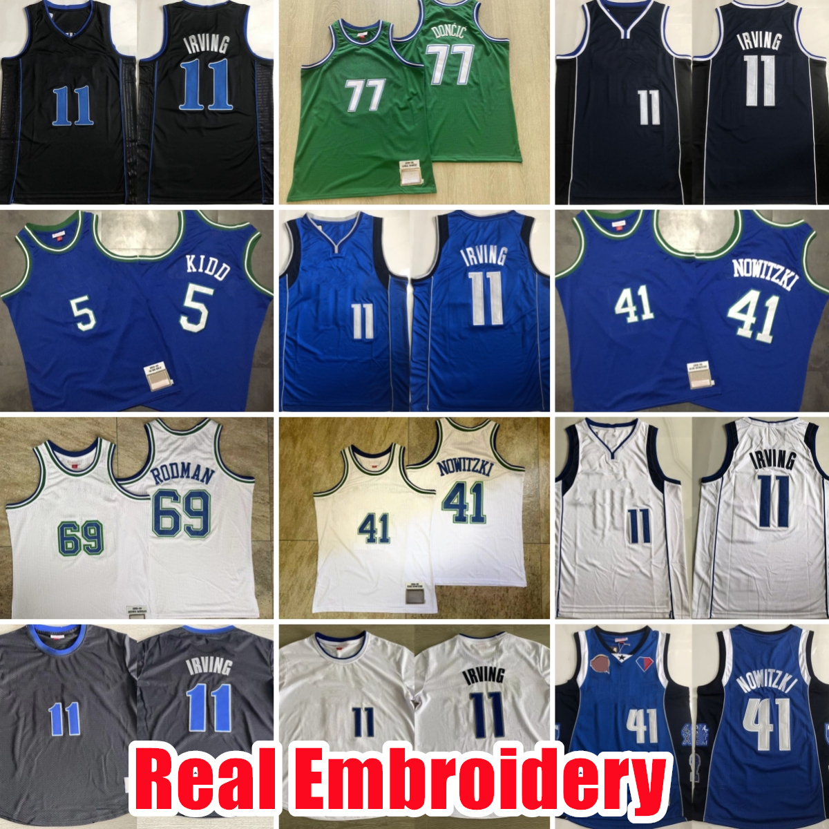 Retro Real Stitched Basketball Jerseys 11 Kyrie Irving City 2024 Jason Kidd 1994-95 Rodman Dirk Nowitzki Doncic Embroidery Authentic Stitched Jersey