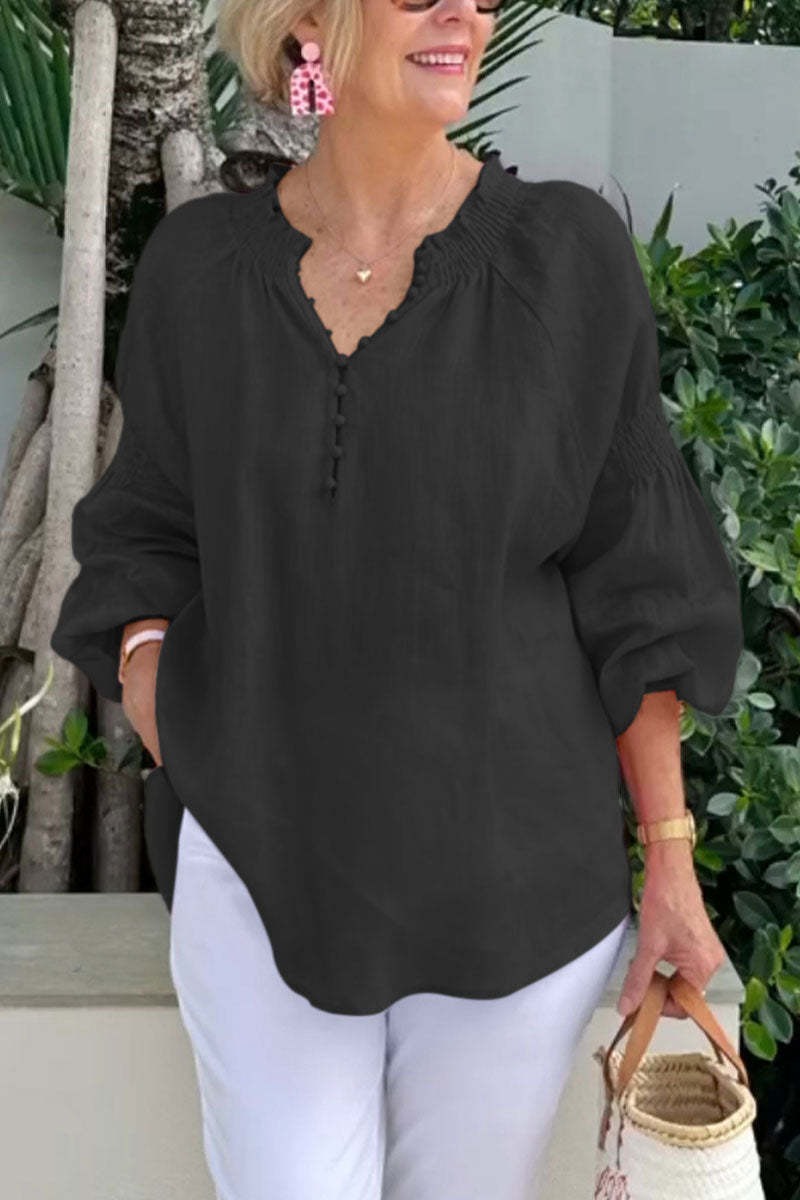 New hot-selling women's casual V-neck solid color cotton and linen long-sleeved top